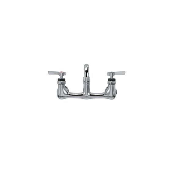 Picture of Encore® 8" OC. Brass Chrome Plated Wall Mount Faucet Ceramic Valves with 8" Swivel Spout, Lever Handles and Retail Packaging