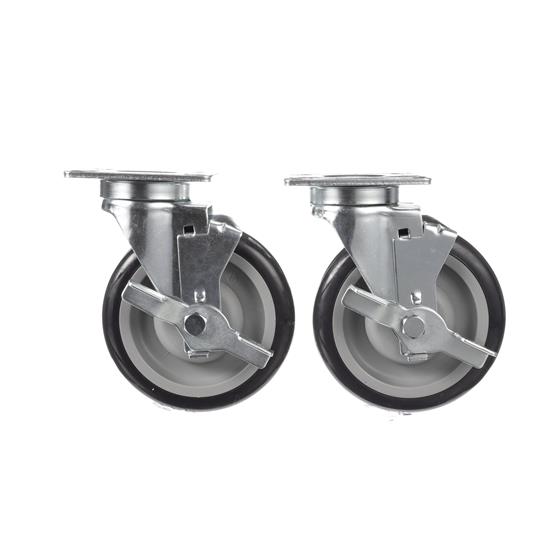 Picture of Caster Kit, Medium Duty 3-1/2" x 3-1/2"  Plate Caster With 5" Blue Polyurethane Wheel, 4 Brake In Retail Box