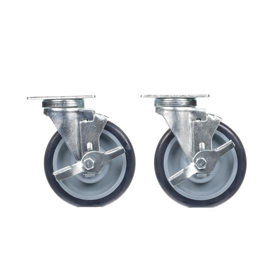 Picture of Caster Kit, Medium Duty 2-3/8" x 3-5/8" Plate Caster With 5" Blue Polyurethane Wheel, 4 Brake In Retail Box